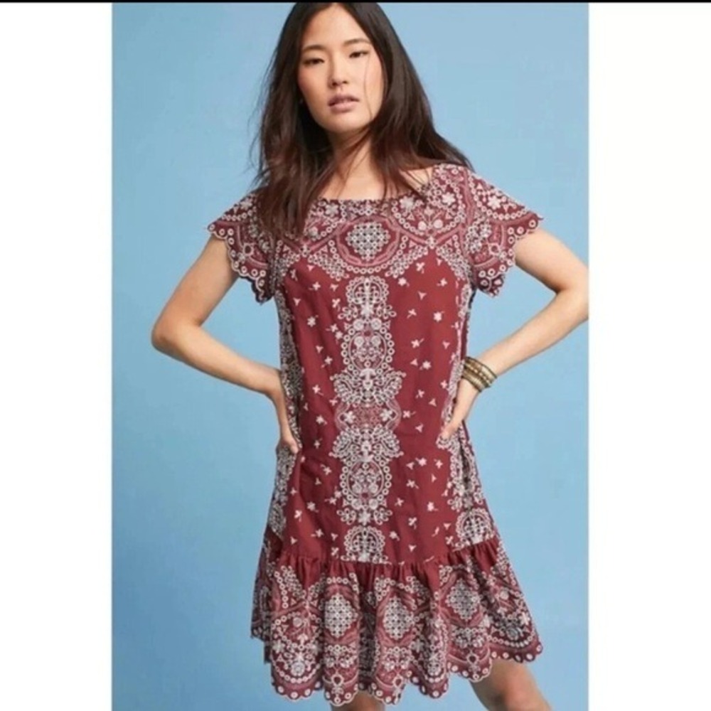 Feather Bone x Anthropologie‎ Ynez Eyelet Embroidered Tunic Dress In Brown Sz XS